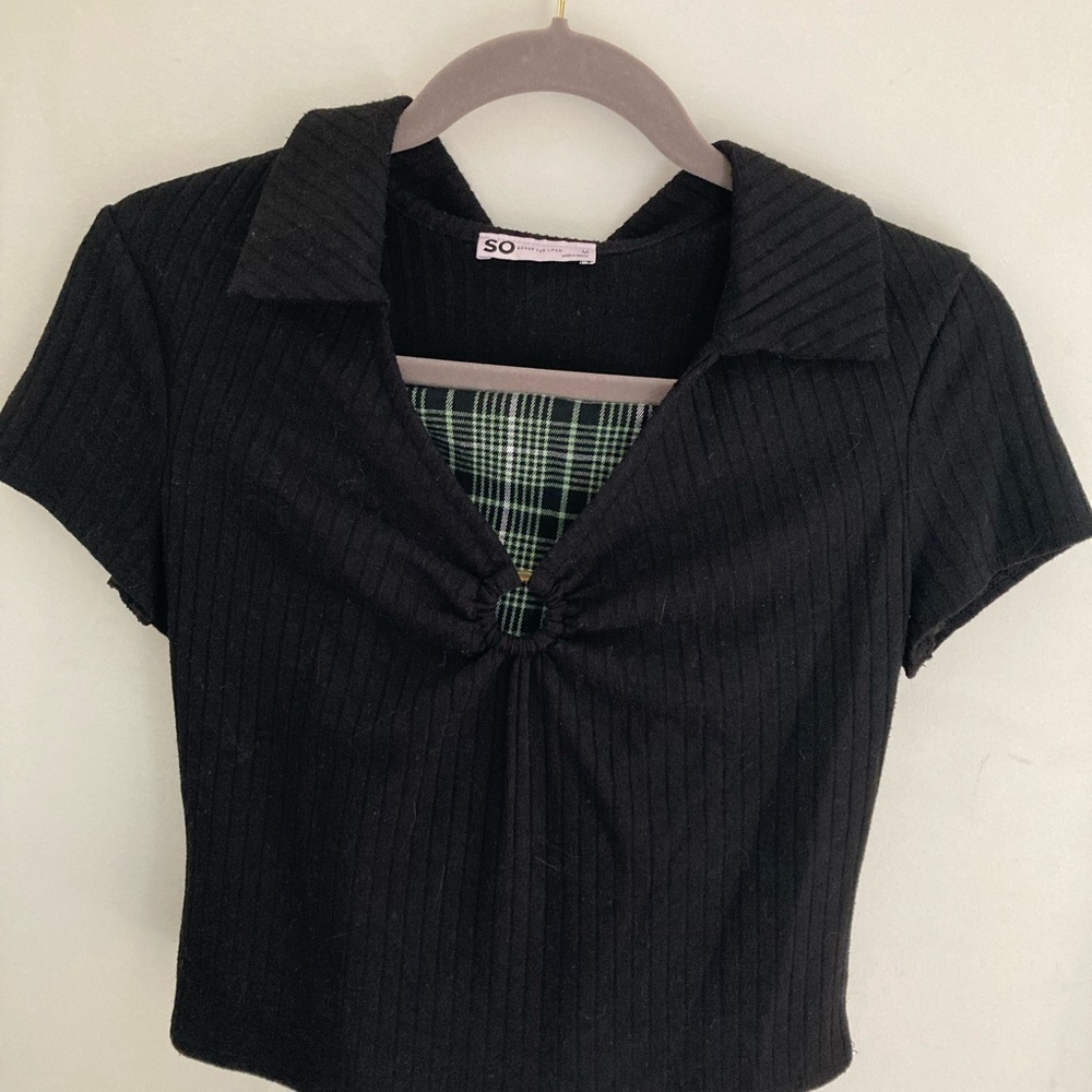 SO Women's Black Ribbed Crop Top & Plaid Skort